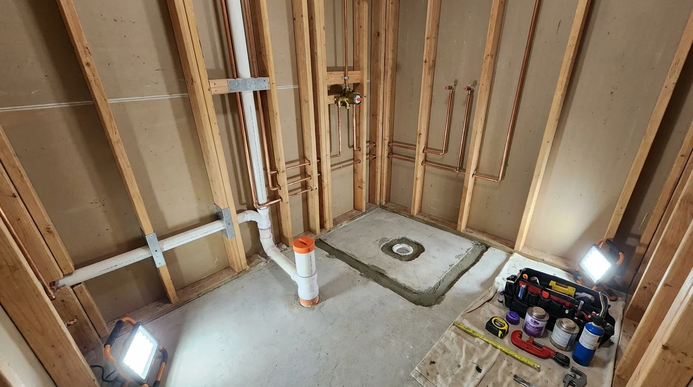Bathroom rough-in plumbing during remodel by Johns Plumbing LLC in Brownwood