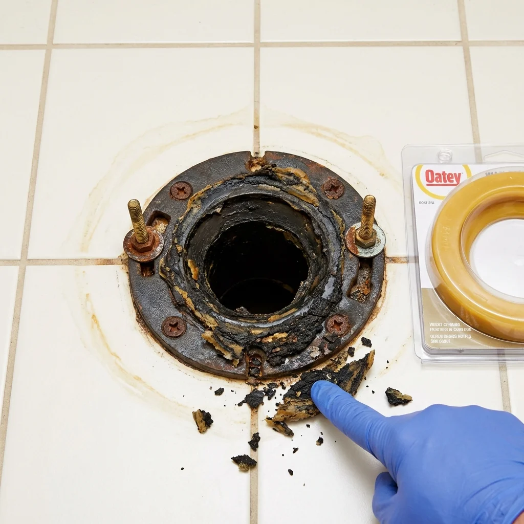 Failed wax ring showing water seepage at the base of a toilet in a Brownwood, TX home
